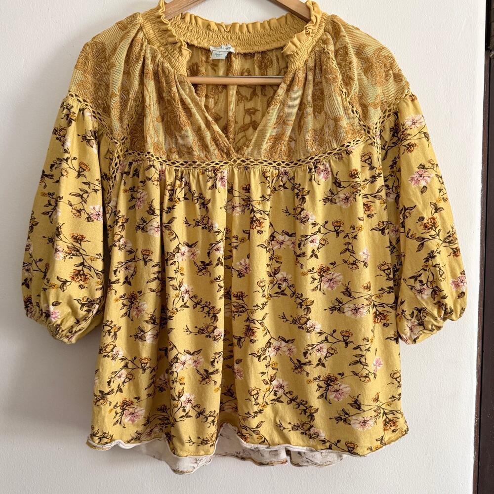 SUNDANCE Florence Mustard Yellow FLoral Lace Boho 3/4 Length Sleeve Top Large